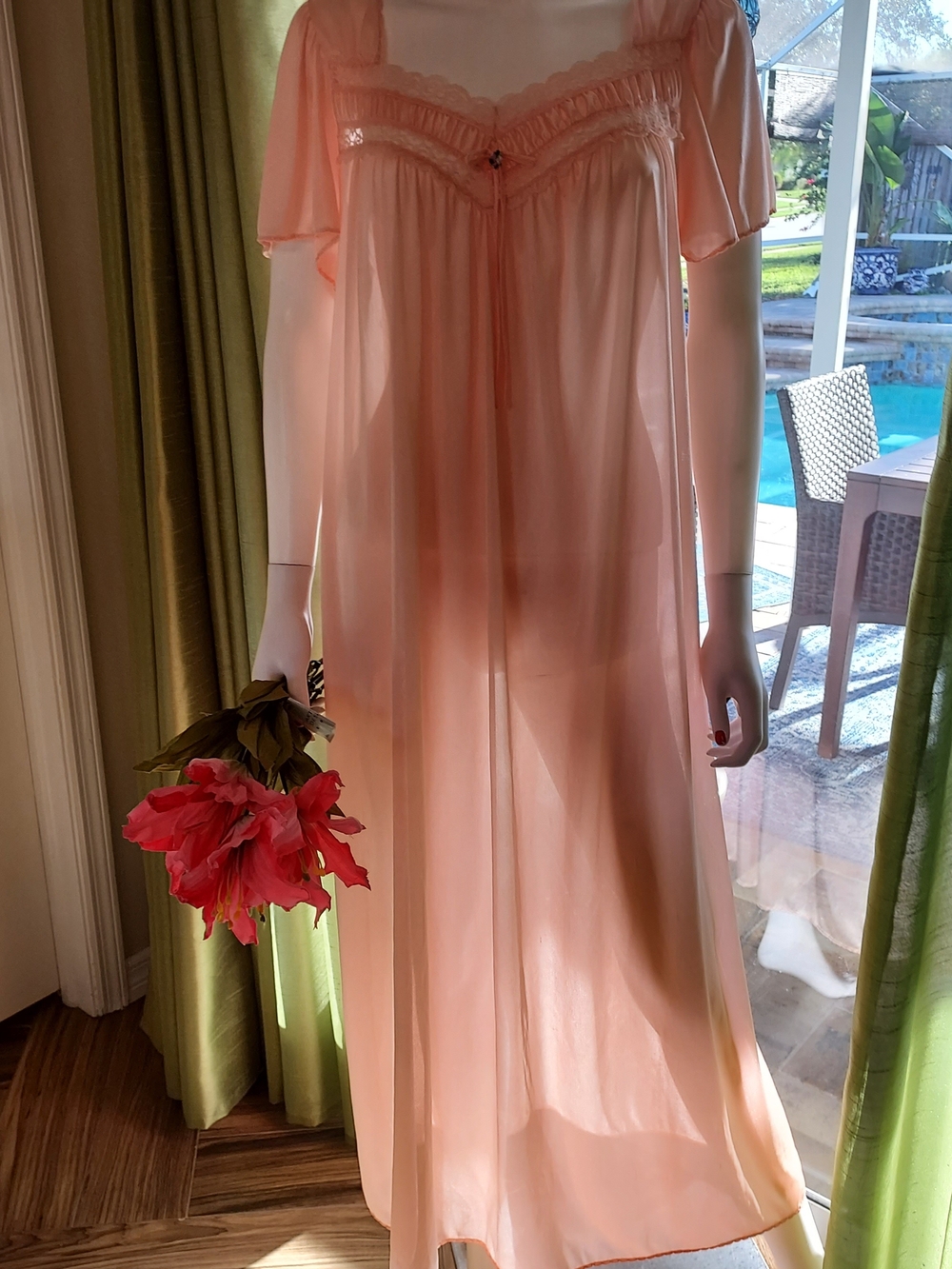 Anthony Richards Vintage Peach Sheer Long Romantic Nightgown with Lace Trim. M